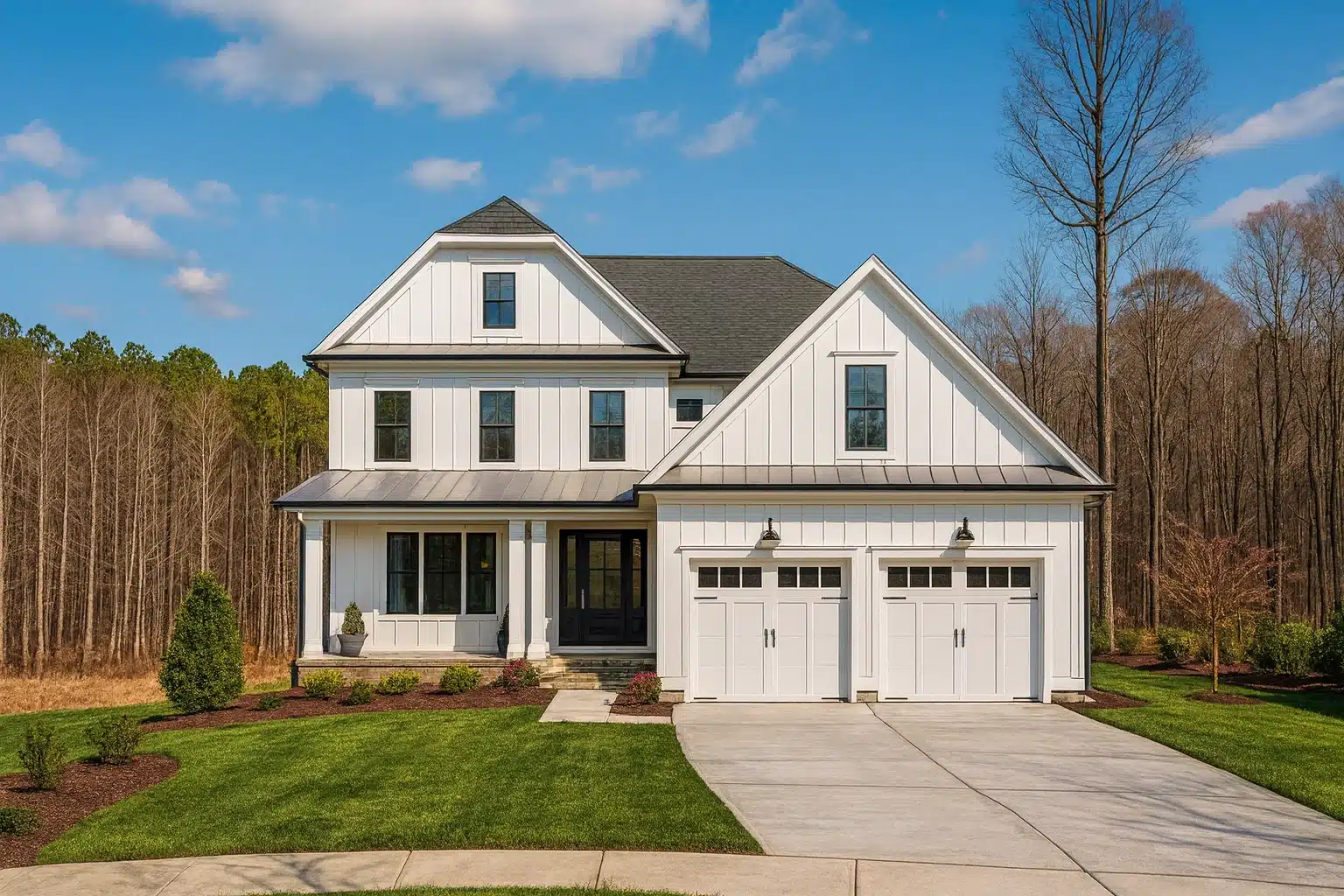 House Plans with Screened-In Porch 23 Front exterior of a New American style home with horizontal siding, board and batten accents, symmetrical façade, and double garage