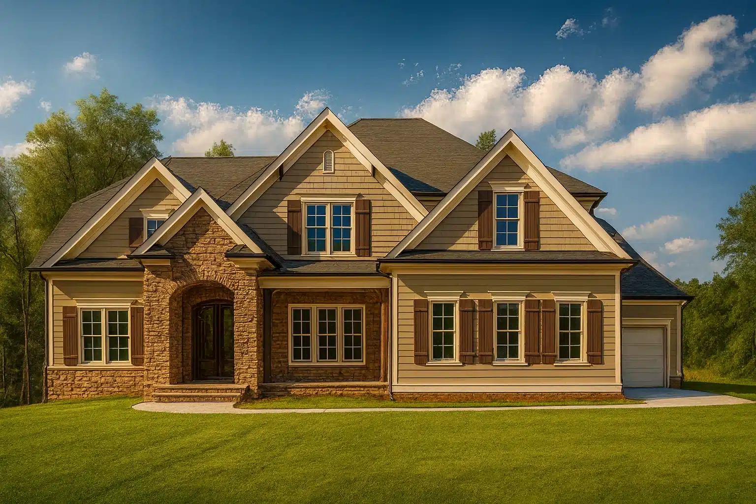 House Plans with Screened-In Porch 21 Front elevation of a New American Traditional style home featuring brick exterior, lap siding, symmetrical windows, and steep gabled rooflines