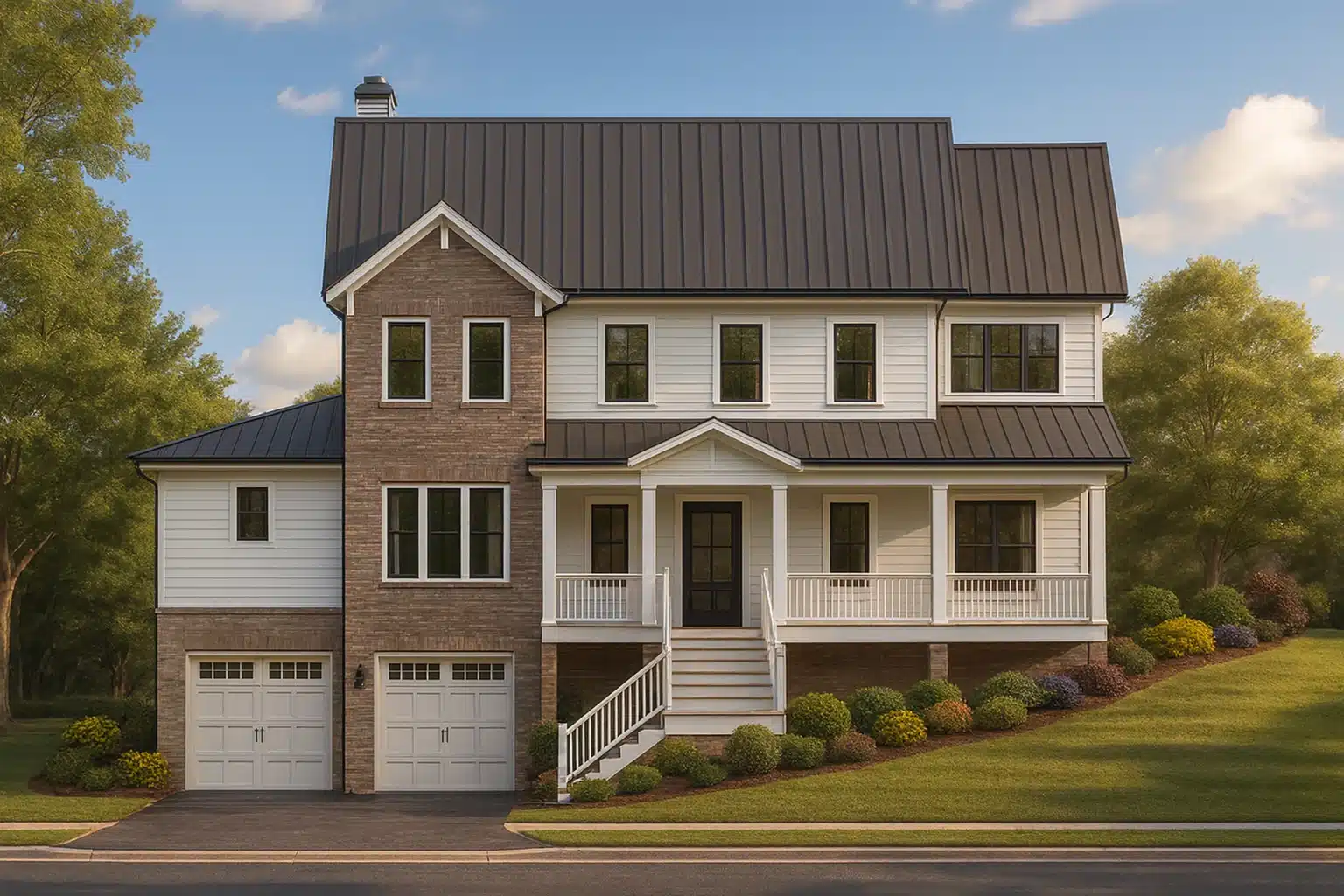 Georgian House Plans 7 Front elevation of a New American modern traditional home with brick and siding exterior, metal roof, covered porch, and symmetrical colonial-inspired design