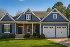 Craftsman ranch house with blue siding, front porch, and double garage
