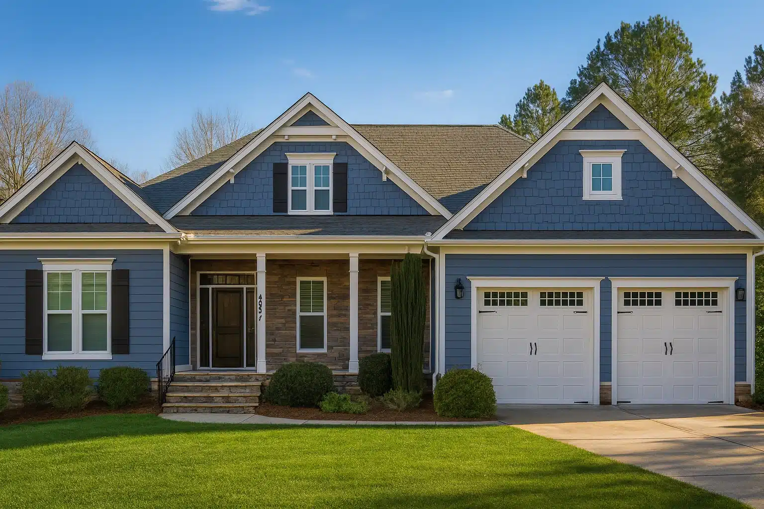 Craftsman ranch house with blue siding, front porch, and double garage