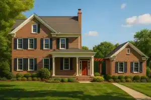 Colonial traditional two-story brick house plan with gable roof, front porch, and 3,202 square feet of living space