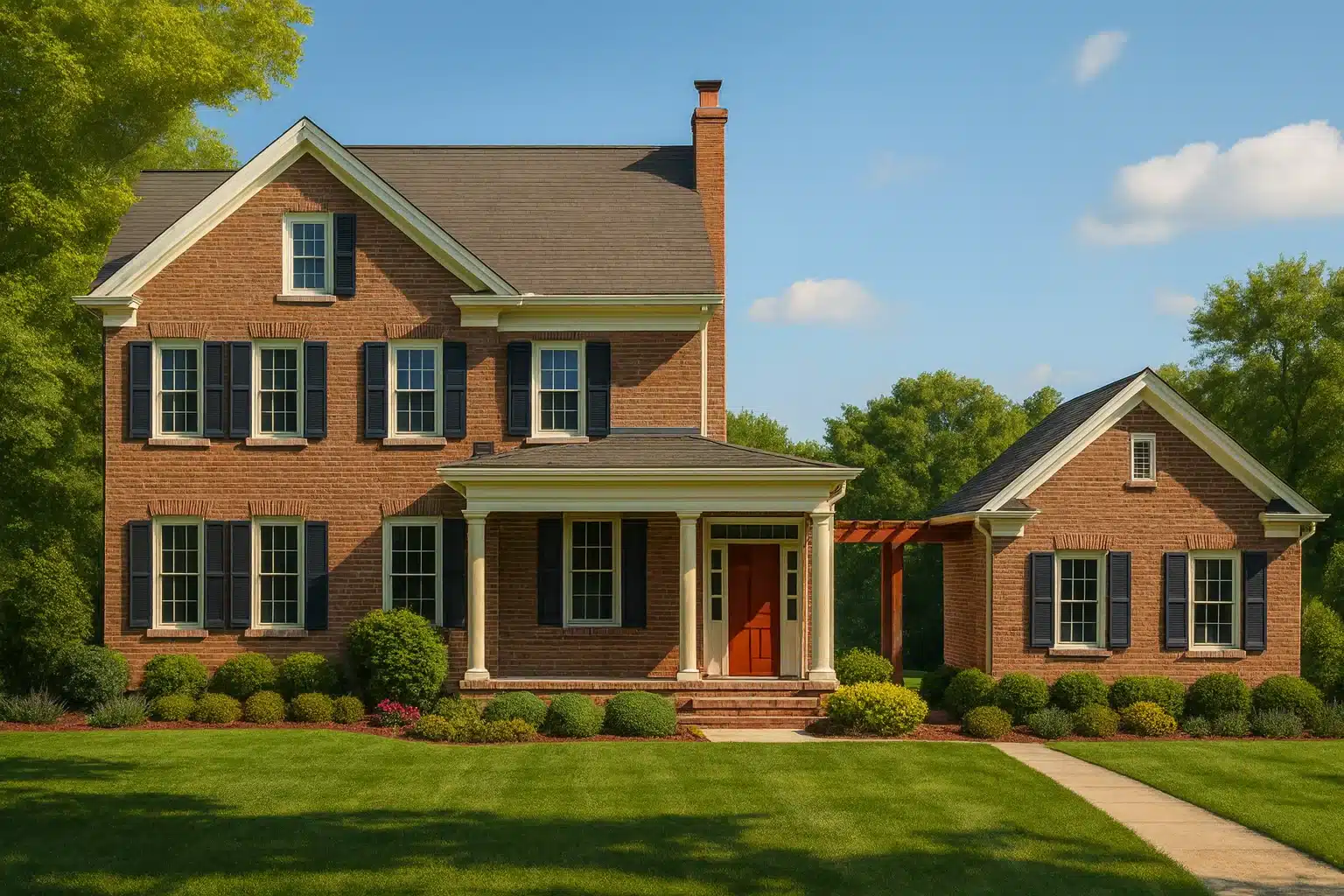 Colonial traditional two-story brick house plan with gable roof, front porch, and 3,202 square feet of living space