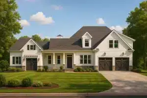Modern Farmhouse with Country Craftsman design featuring gabled roof, white siding, and three-car garage