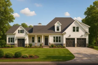 Modern Farmhouse with Country Craftsman design featuring gabled roof, white siding, and three-car garage