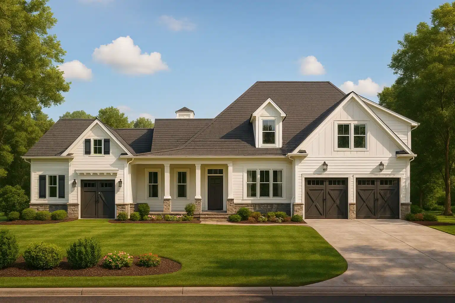 Modern Farmhouse with Country Craftsman design featuring gabled roof, white siding, and three-car garage