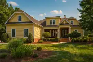 Traditional Country 2-story home exterior with gabled roof, covered porch, and classic yellow siding
