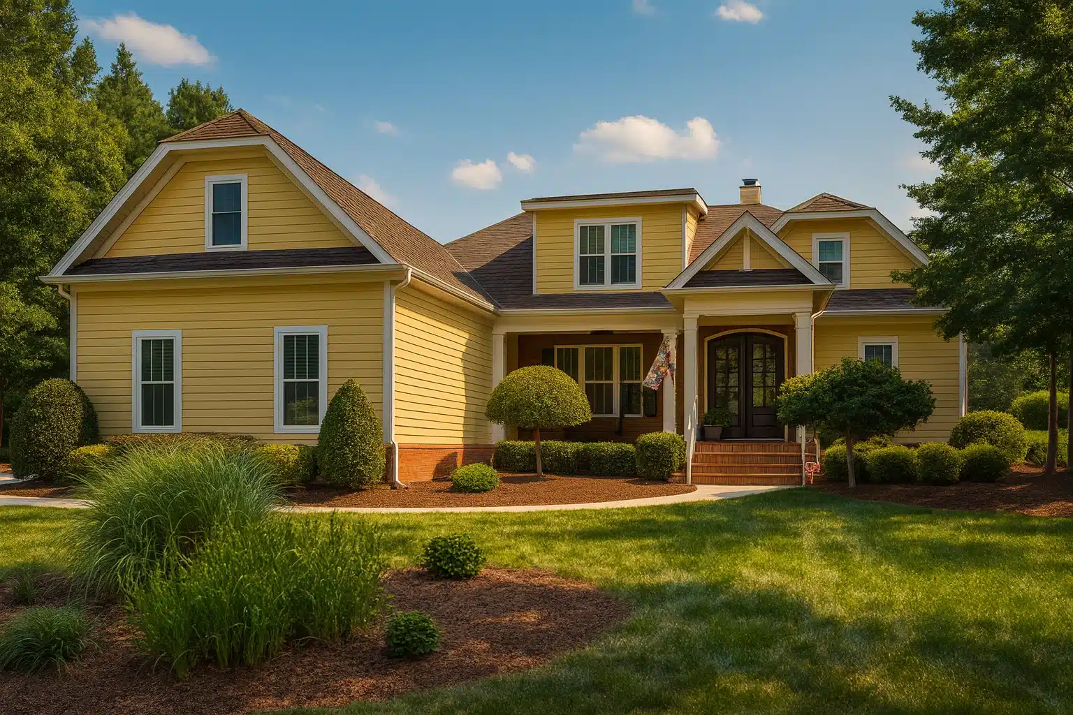 Traditional Country 2-story home exterior with gabled roof, covered porch, and classic yellow siding