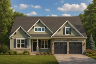 Craftsman cottage style house plan with gabled roof, front porch, and two-car garage