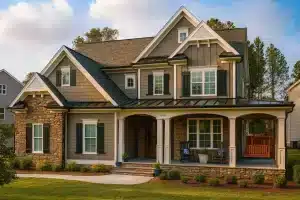 Traditional Craftsman two-story house plan with gabled roof, stone accents, and covered front porch