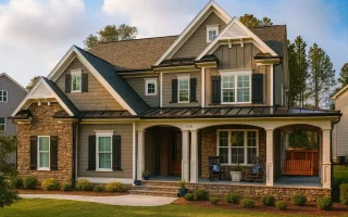 Traditional Craftsman two-story house plan with gabled roof, stone accents, and covered front porch