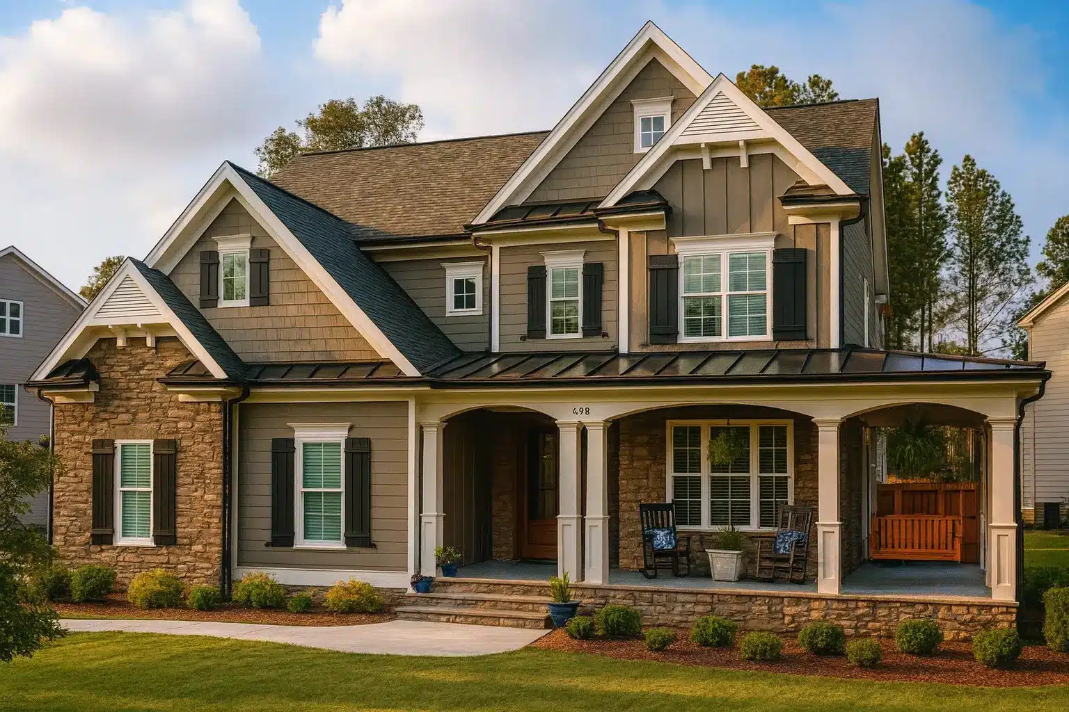 Traditional Craftsman two-story house plan with gabled roof, stone accents, and covered front porch