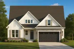 Modern Farmhouse with Craftsman details, 3-bedroom, 2.5-bath, 1,950 SF—board-and-batten siding, stone accents, double-gable roof, 2-car garage