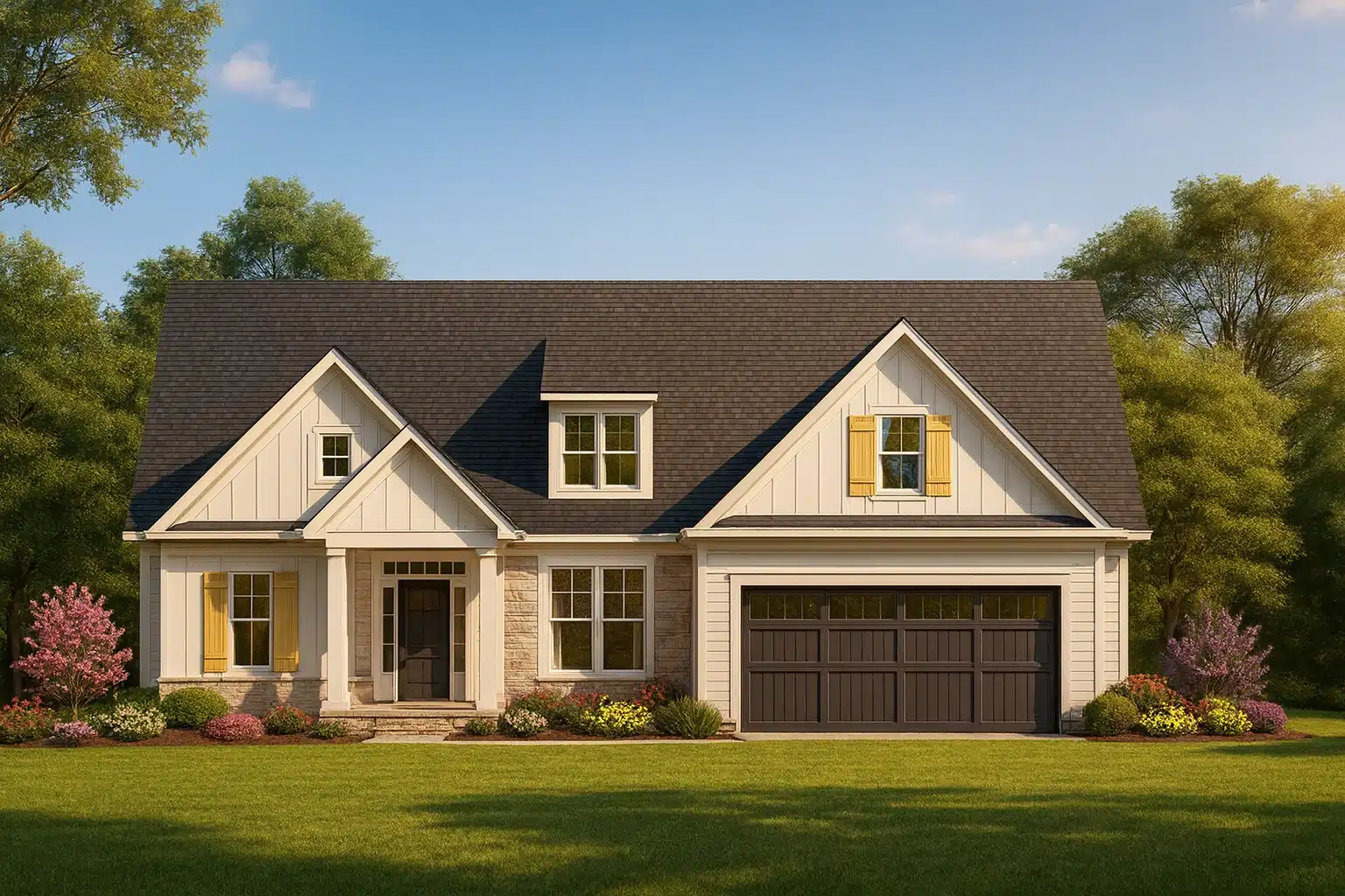 Modern farmhouse country style home plan with board and batten siding, yellow shutters, and front porch
