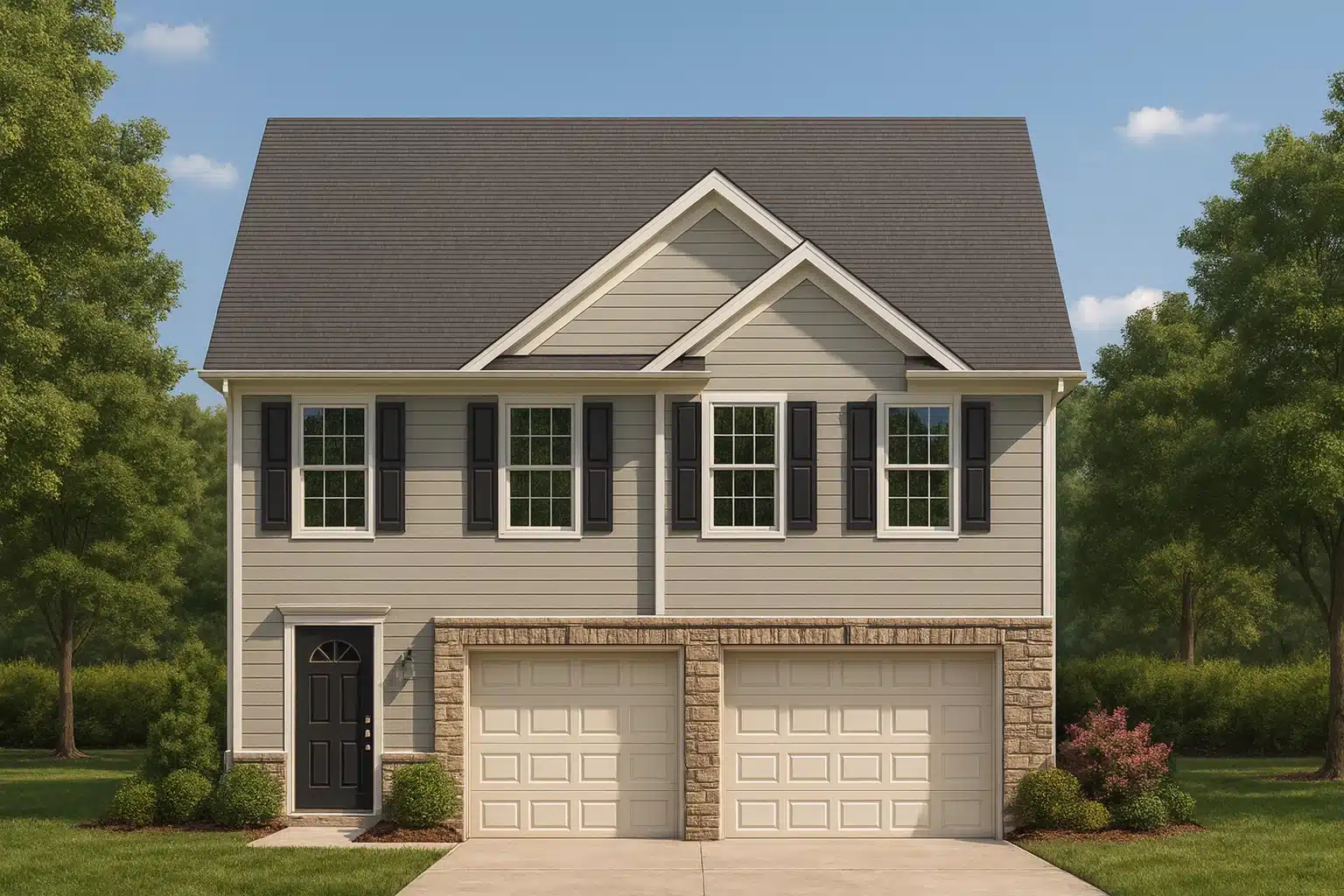 Traditional Colonial two-story house plan with front-entry garage and symmetrical windows.