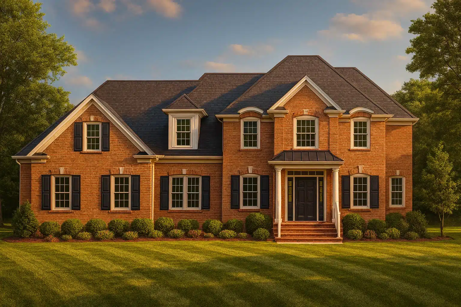 Two-story Colonial Traditional brick house with gabled roof, black shutters, and covered entry porch