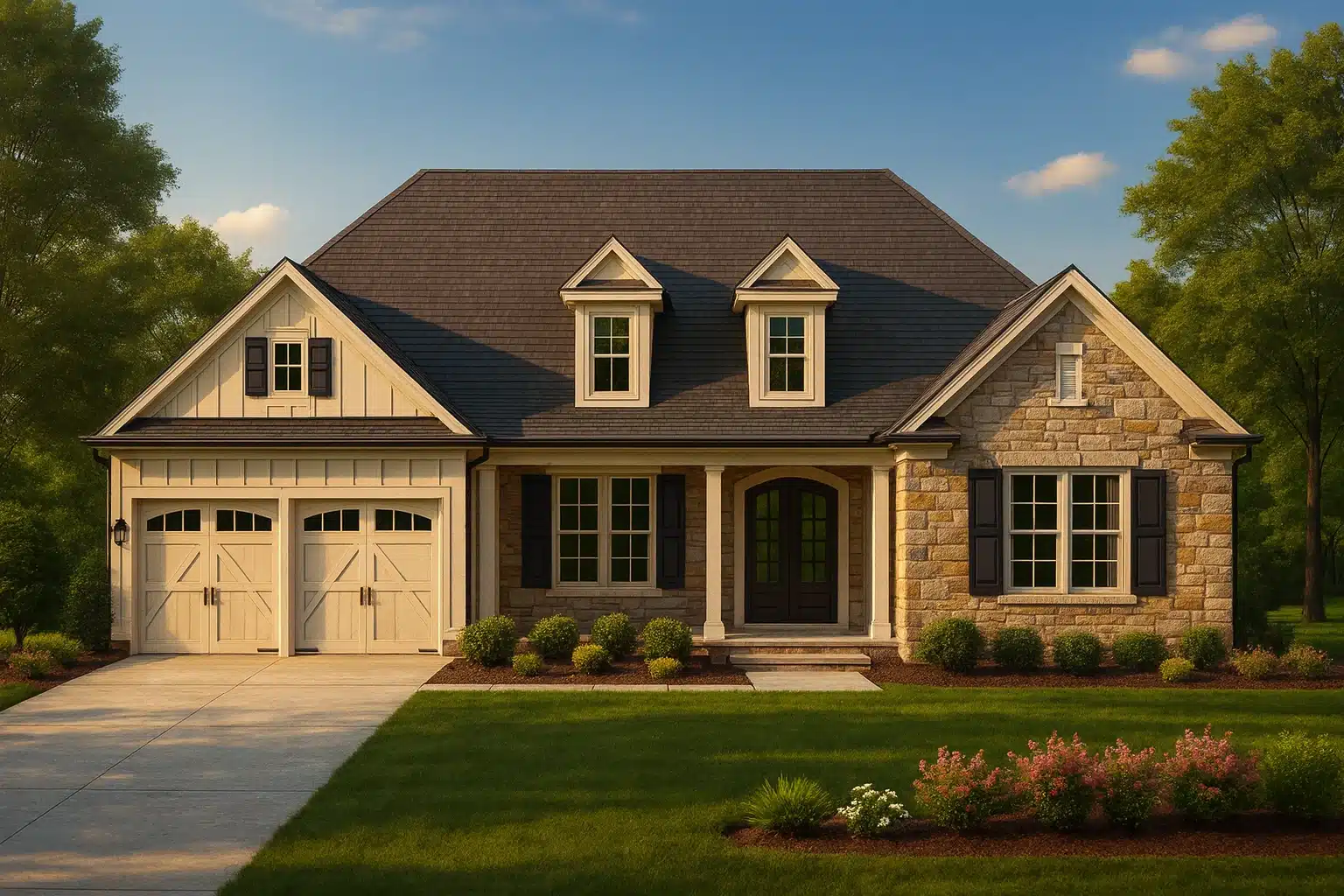 Craftsman Cottage style house plan with stone and siding exterior, dormer windows, and two-car garage