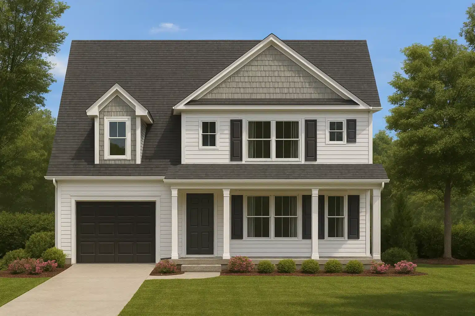 Front elevation of a New American style house with horizontal siding, shingle gable accents, covered front porch, and attached garage