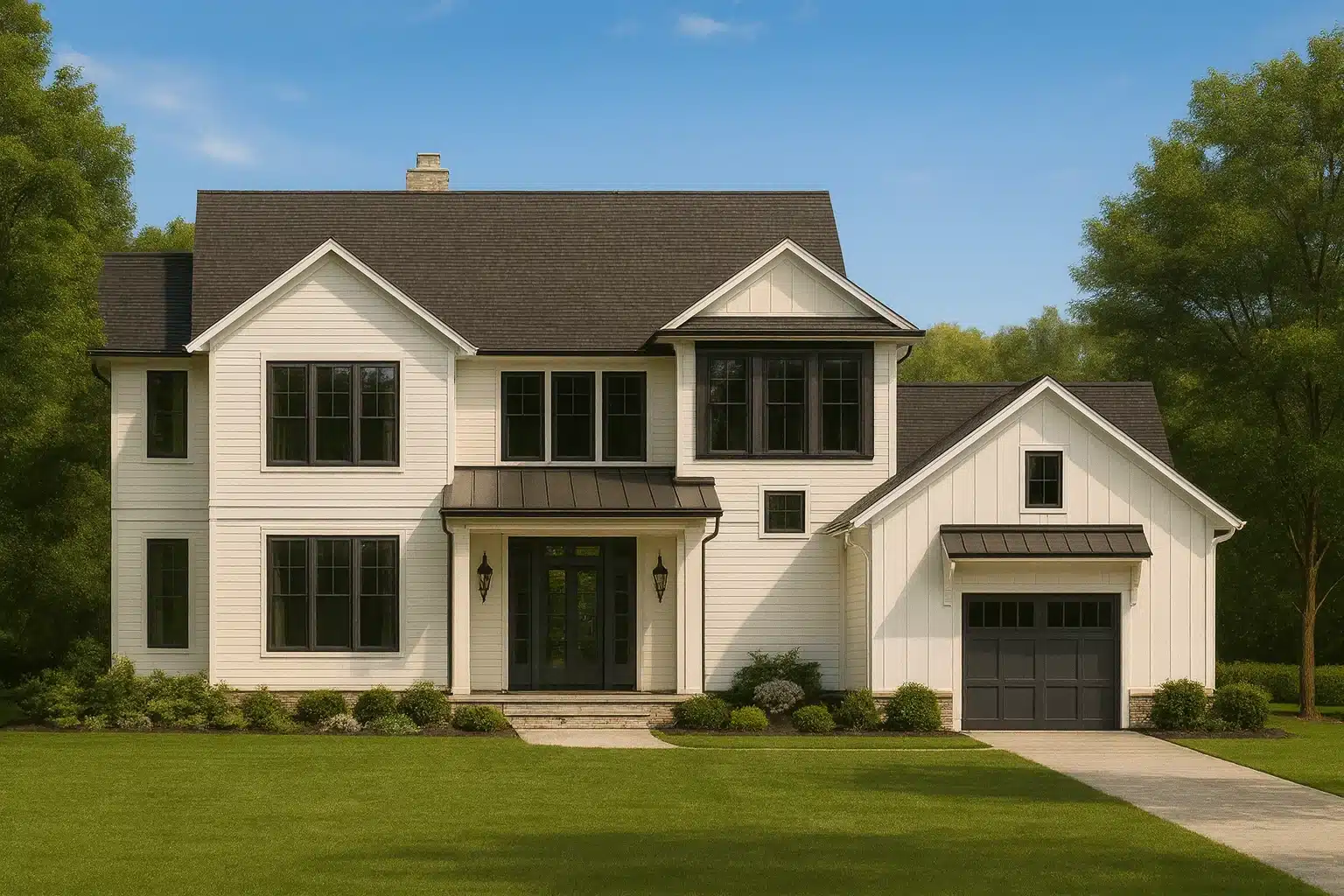 Colonial Farmhouse House Plans 27 Front elevation of a New American Modern Farmhouse with board and batten siding, black windows, metal porch roof, and attached garage