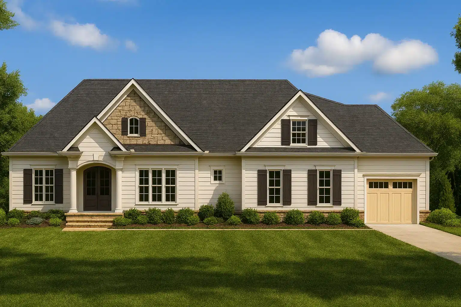Front elevation of a Traditional Ranch style home with horizontal siding, stone gable accent, and welcoming covered entry