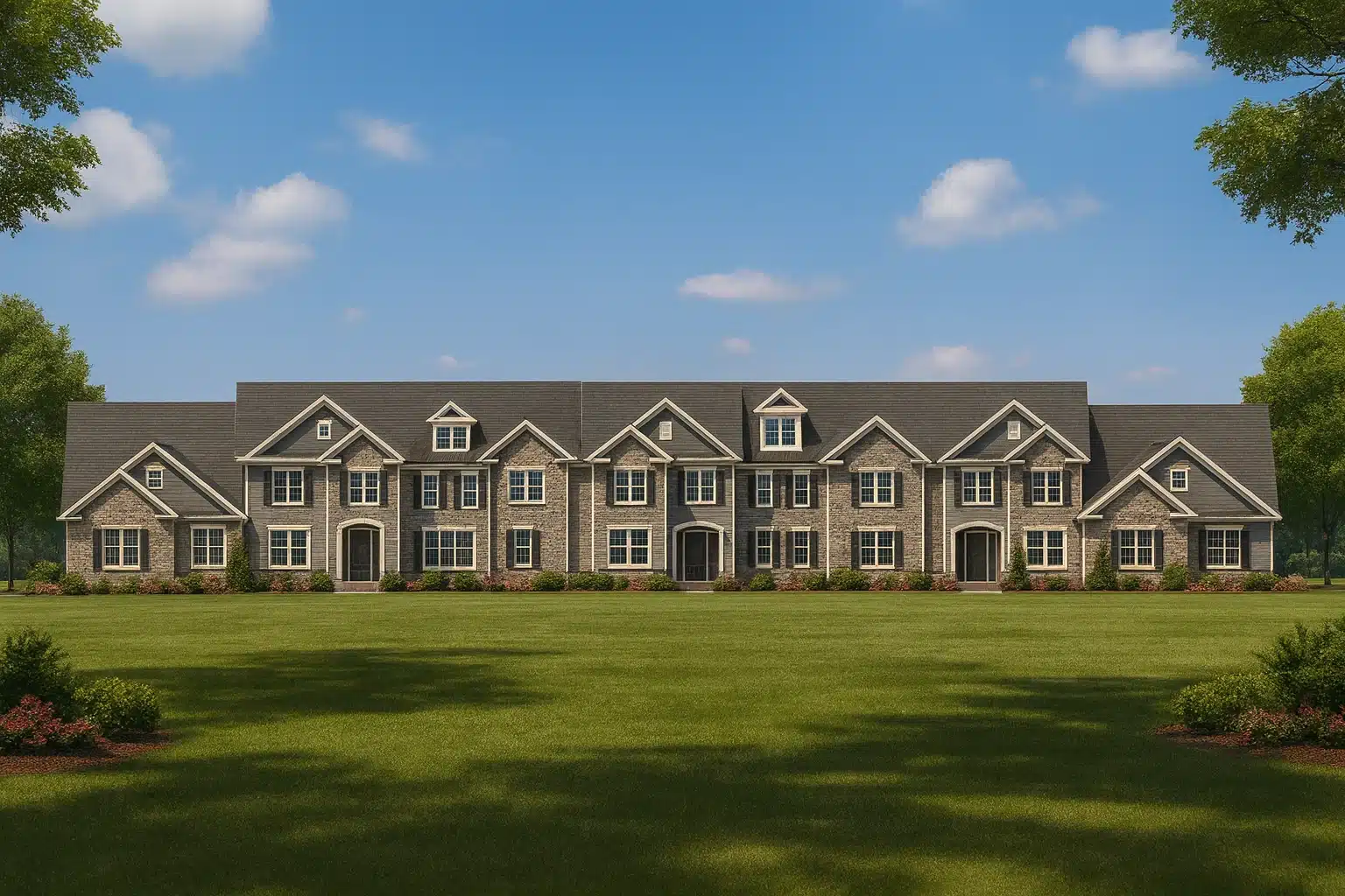 Colonial Farmhouse House Plans 15 Front elevation of a traditional neo-colonial brick townhome building with seven connected units, symmetrical windows, gabled roofs, and classic suburban curb appeal