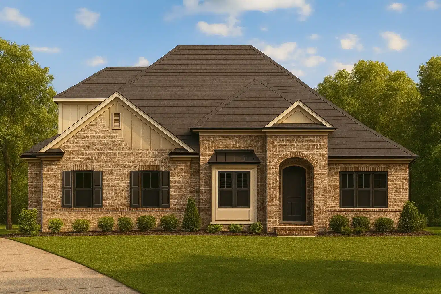 Colonial Farmhouse House Plans 13 Front elevation of a Traditional Ranch style home featuring brick exterior, board and batten gable accents, dark shutters, and a welcoming arched entry