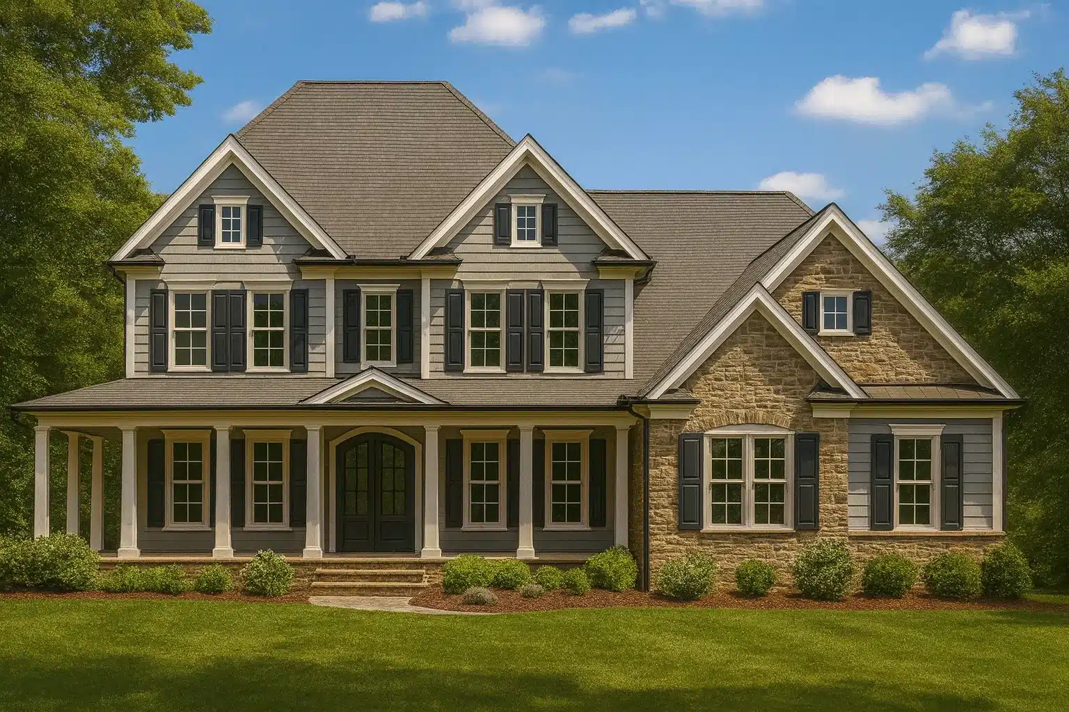 Colonial Farmhouse House Plans 3 Front elevation of a Traditional Colonial style home with horizontal siding, stone exterior accents, symmetrical windows, and covered front porch
