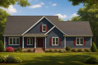 Craftsman Ranch house with blue lap and shingle siding, white trim, red shutters, centered gables, and 4pm daylight with realistic depth and shadows