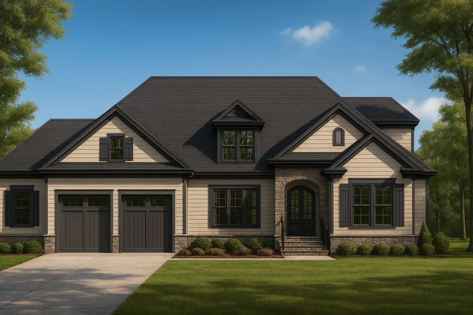 4-bedroom Craftsman style house plan with gable roof, stone accents, and two-car garage