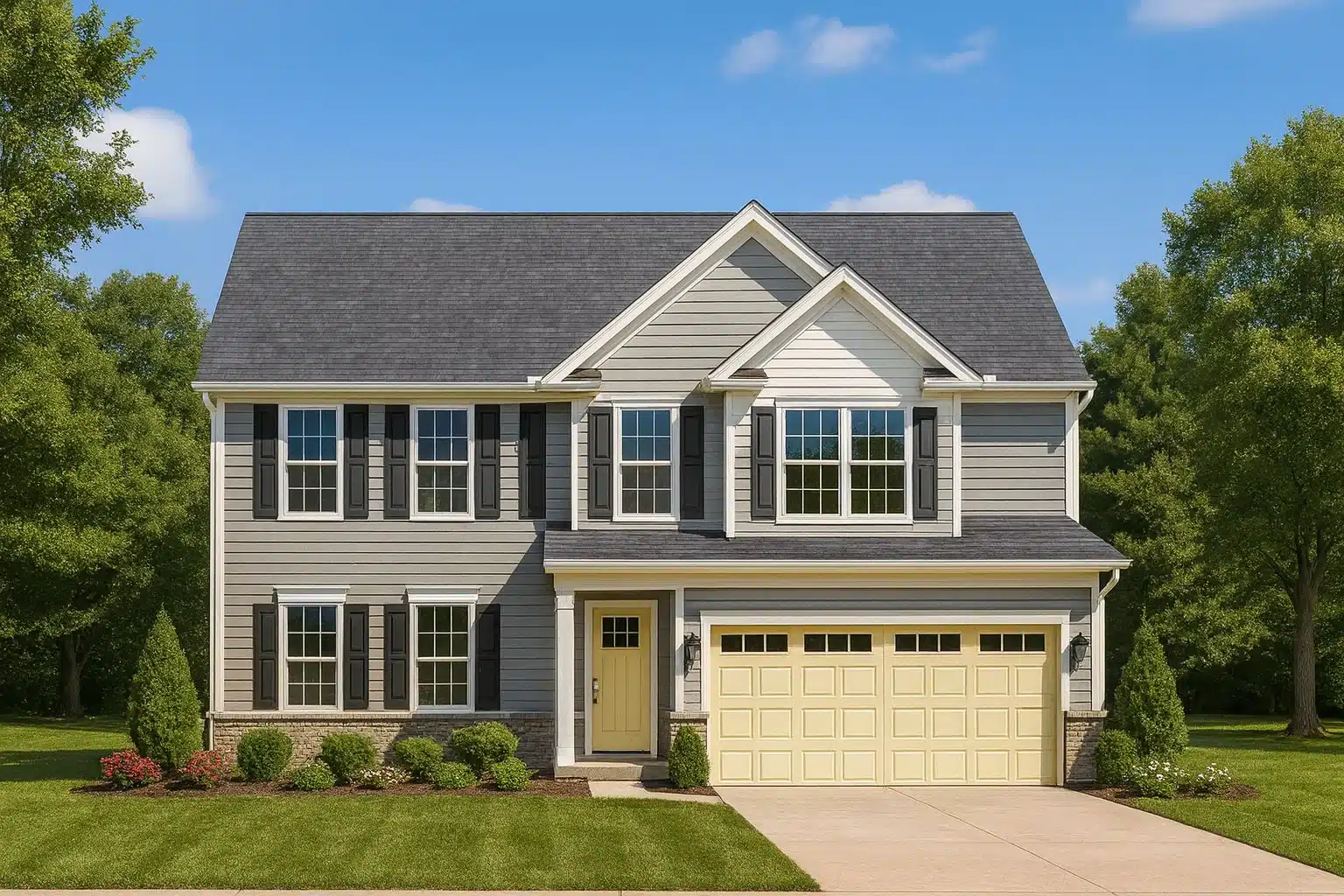 Front exterior of a traditional colonial style two-story home featuring horizontal siding, symmetrical windows, and an attached two-car garage
