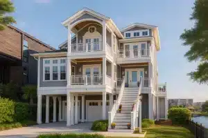Three-story coastal beach house plan with piling foundation and waterfront view
