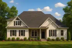 Luxury House Plans 7 Modern farmhouse home plan with board and batten siding, black shutters, and front porch design