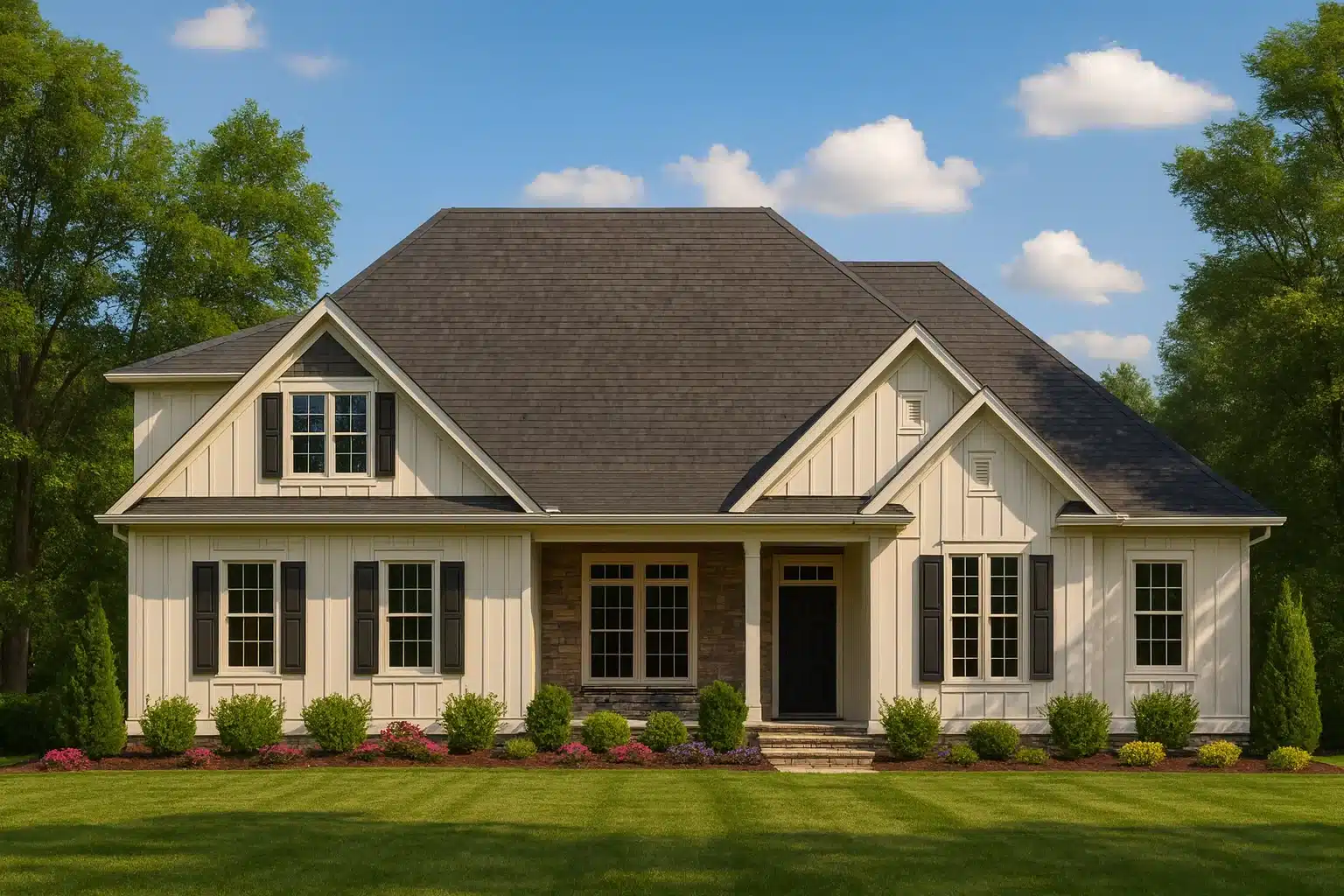 Modern farmhouse home plan with board and batten siding, black shutters, and front porch design