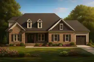 Luxury House Plans 4 Craftsman home plan with stone and board-and-batten exterior, gabled roof, and front porch with dark double doors