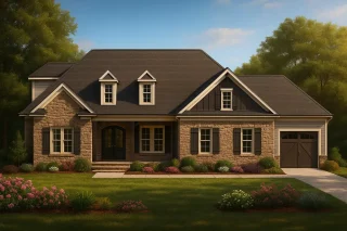 Ranch House Plans 4 Craftsman home plan with stone and board-and-batten exterior, gabled roof, and front porch with dark double doors