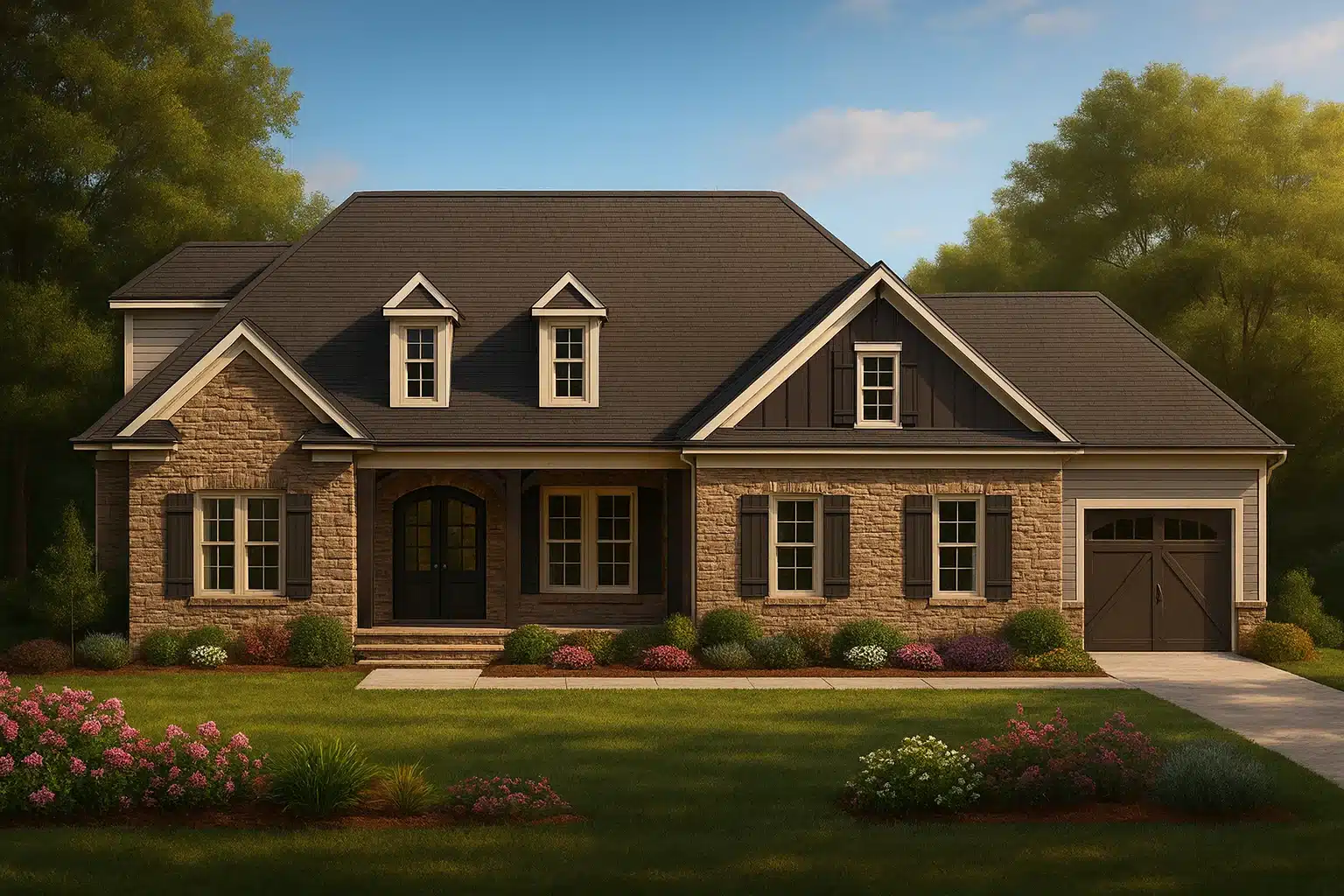 Craftsman home plan with stone and board-and-batten exterior, gabled roof, and front porch with dark double doors