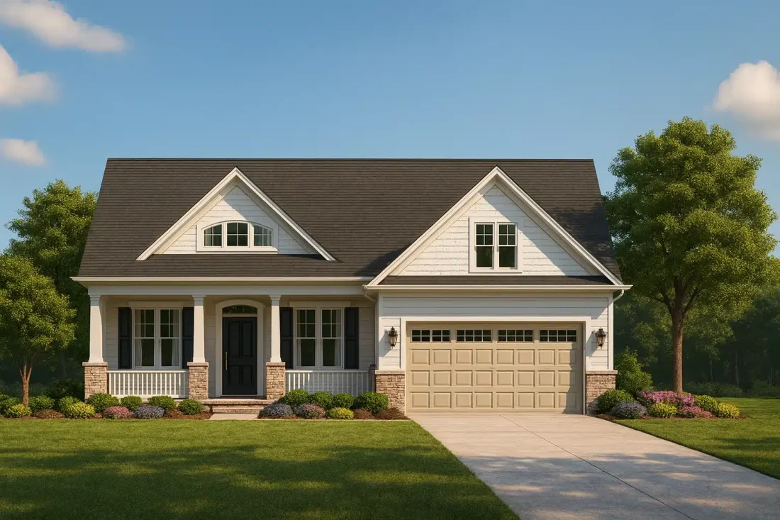 Craftsman house plan with gable roof, front porch, and two-car garage