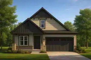 Luxury House Plans 1 Craftsman house plan featuring board and batten siding, gable rooflines, and stone accents.