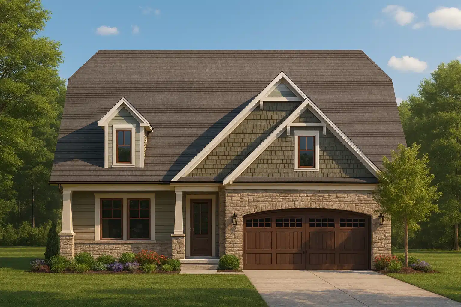 Dutch Colonial house plan with gambrel roof, dormers, and stone-accented exterior
