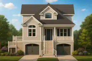 Beach Coastal Shingle Style house plan with raised garage, front porch, and gabled roof