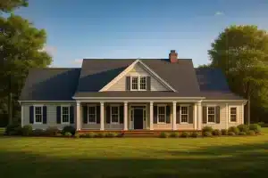 Front view of a classic farmhouse featuring a wide front porch, gable roof, and symmetrical windows surrounded by green lawn and trees.