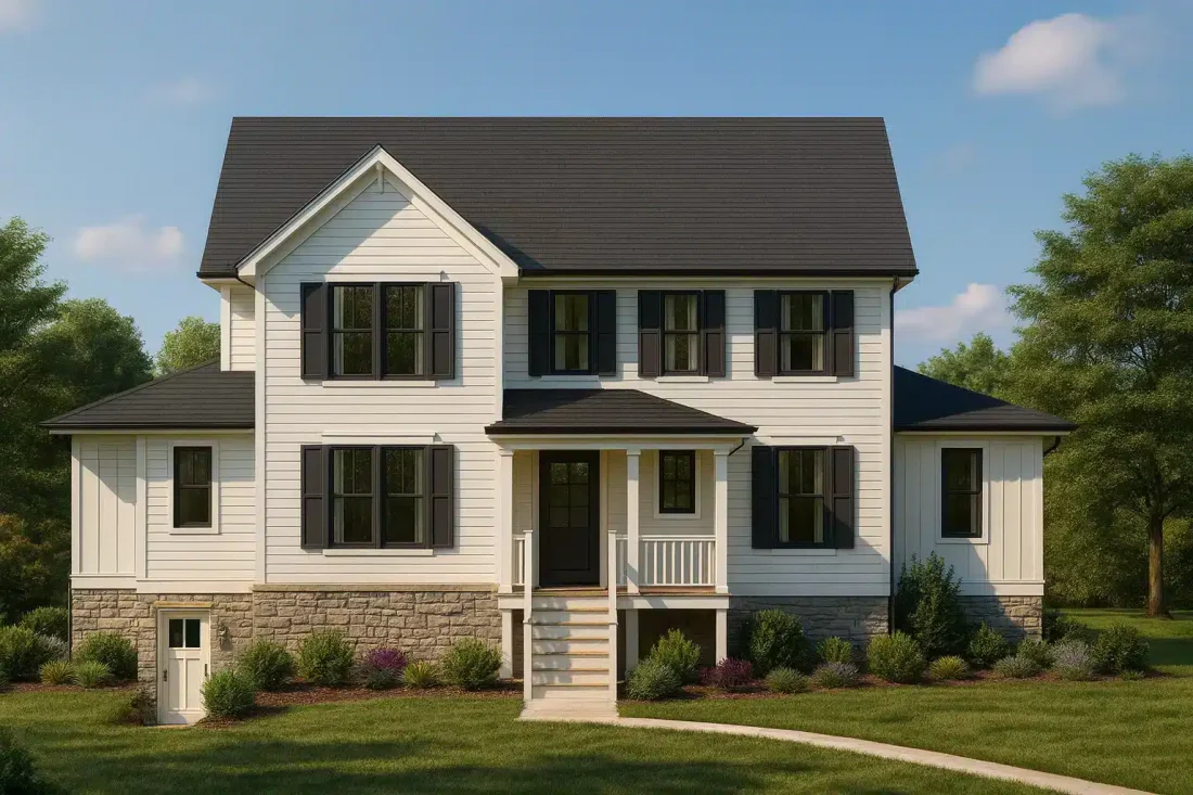 Two-story modern farmhouse with white vertical siding, black shutters, and stone foundation