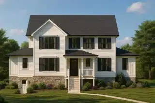 Two-story modern farmhouse with white vertical siding, black shutters, and stone foundation