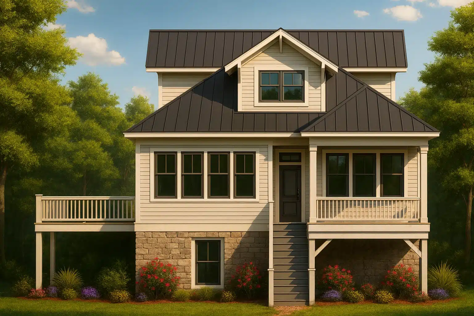 Two-story Modern Farmhouse Coastal home with metal roof, stone base, and elevated porch surrounded by lush trees.