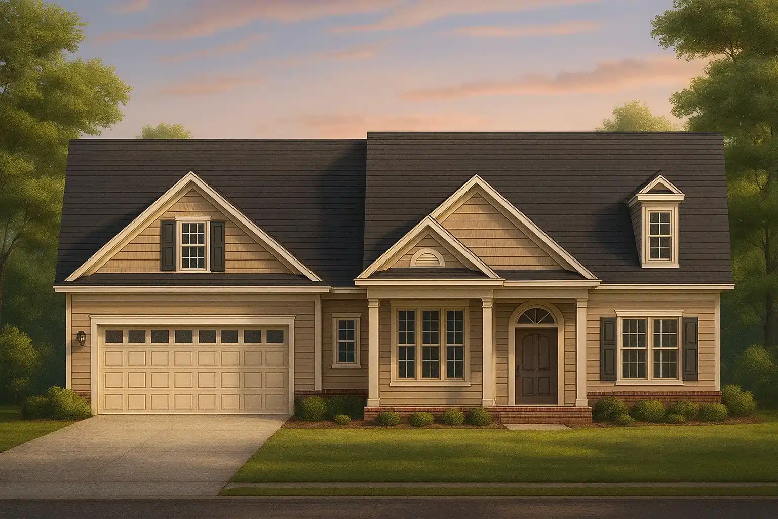 A realistic 3D rendering of a traditional Craftsman-style cottage with a dark gray gable roof, brick and beige siding, white trim, and symmetrical dormers. The home features a double garage on the left, a covered front porch with columns, and multi-pane windows across the façade. Lush green landscaping and mature trees surround the house under a soft, golden 4 p.m. sky.
