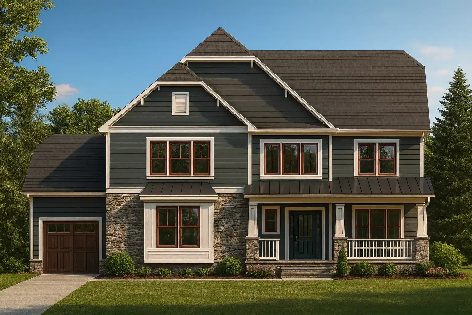 Front elevation of New American style home with horizontal lap siding, stone veneer base, gabled rooflines, and covered front porch