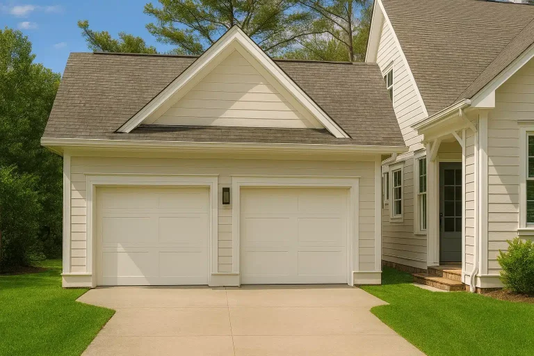 Front elevation of a New American Traditional Suburban home with horizontal lap siding, gabled roof, and symmetrical two-car garage