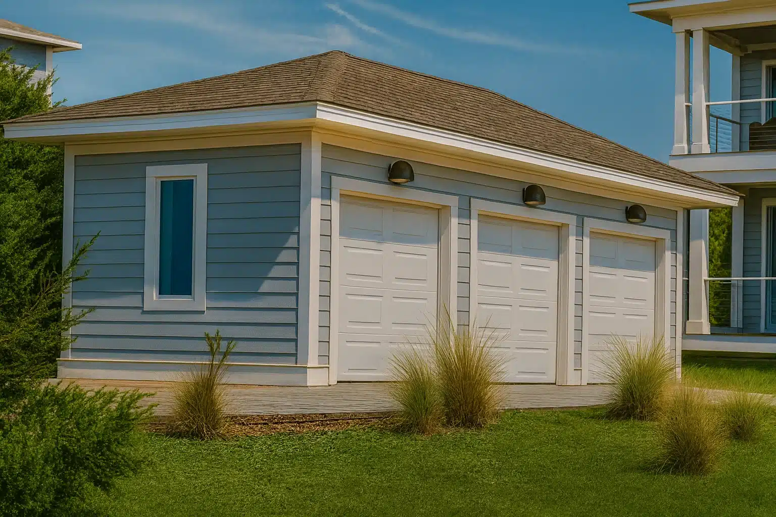 Front view of a coastal style three-bay detached garage featuring horizontal lap siding, hip roof, and clean traditional detailing