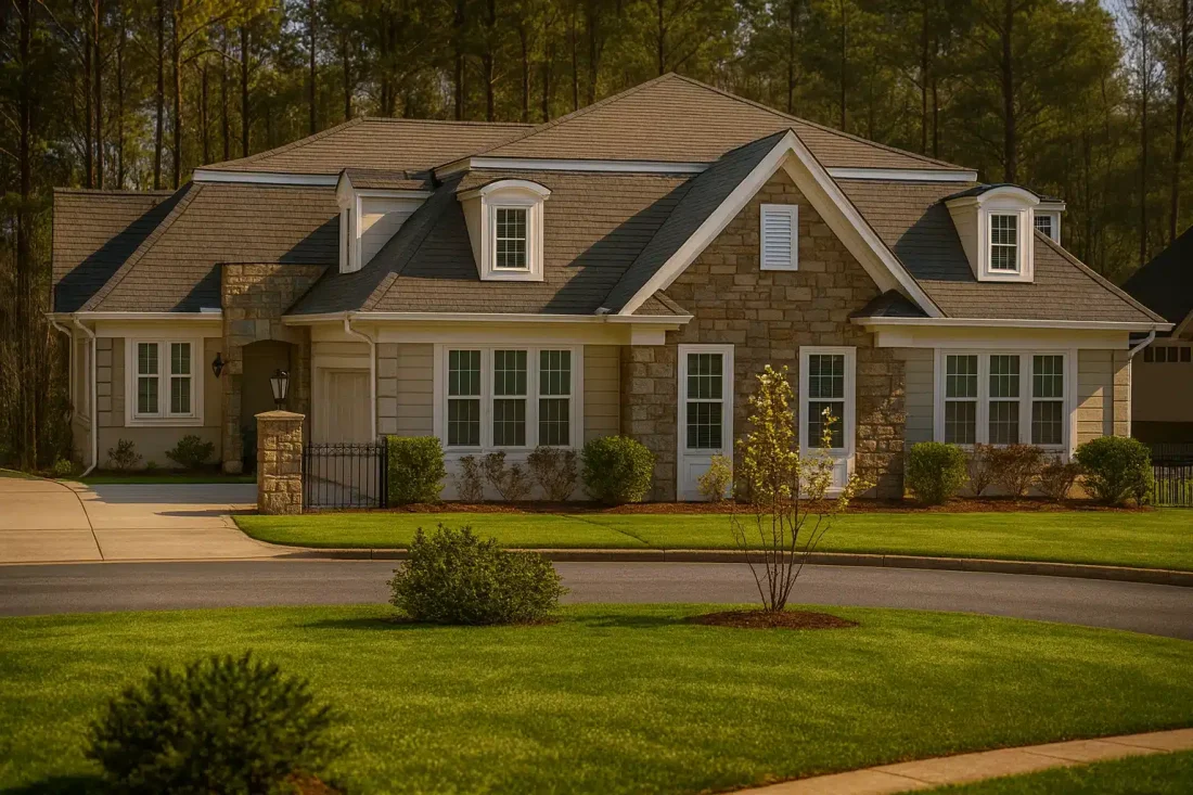 Front elevation of a Traditional Suburban home featuring stone accents, lap siding, dormers, and manicured landscaping