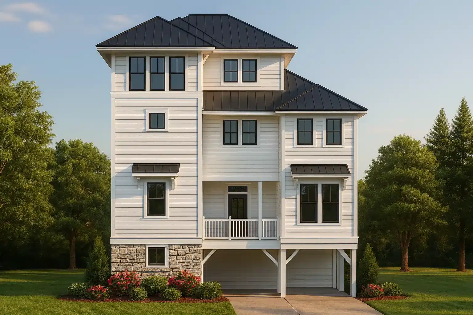 Front elevation of coastal Low Country style home with elevated foundation, horizontal lap siding, covered porch, and metal roof